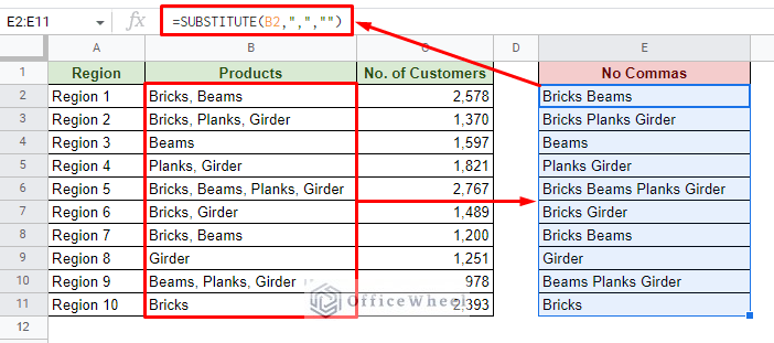 using substitute function to remove comma from string in google sheets